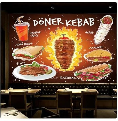hgjdjhnf Assiette à sandwich à pain plat Doner Kebab dessinée à la main avec jus d'orange, papier peint mural pour restaurant de restauration rapide, 3D, 150 cm × 105 cm