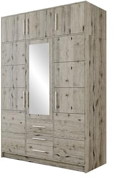 Mirjan24 Drehtürenschrank Bado 3D, Kleiderschrank mit Spiegel, 3 Schubladen und Spiegeltüren, Elegantes Schlafzimmer Schrank, Jugendzimmer (Wellington Eiche, mit Schrankaufsatz)