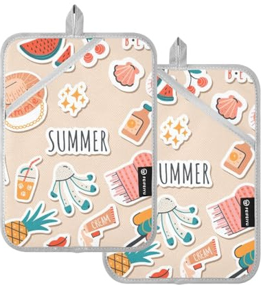 KLL Pot Holders Sets, 2 Pack Heat Resistant Potholders with Pockets Hot Pan Holders for Kitchen Oven Mitts, 9.8x7 Cute Stickers Daily