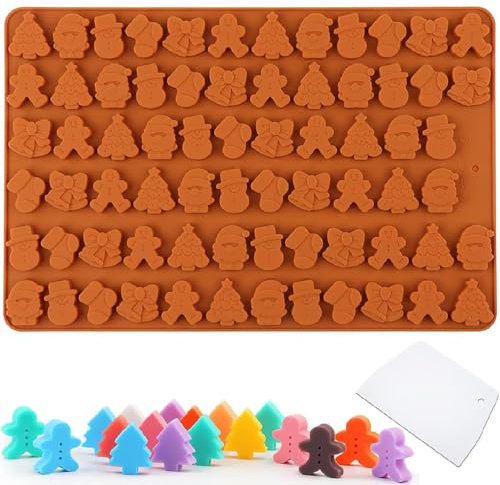 Christmas Silicone Chocolate Moulds, Mini 70-Cavity Christmas Tree Snowman Santa Gingerbread Man Bell Candy Mold, DIY Baking Molds for Chocolate, Gummy, Cookies, Jelly, Biscuits Xmas Deco + Scraper