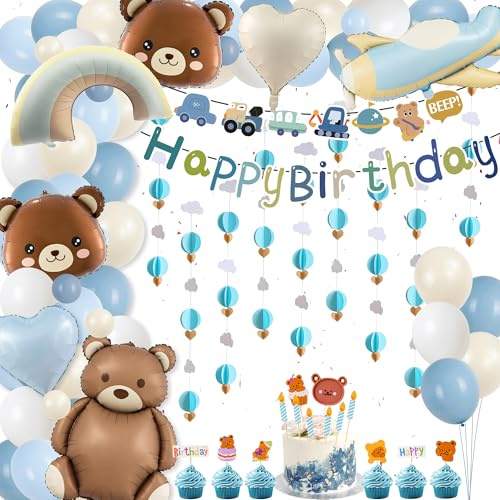 Bär Geburtstagsdeko Mädchen Junge - Bären Folienballon, Blau Beige Ballon Girlande, Happy Birthday Banner, 3D Papier Girlande, Tortendeko, Tier Luftballons, Bär Deko Kindergeburtstag