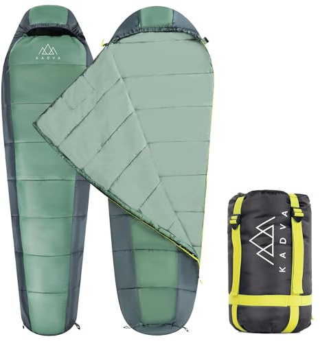 KADVA Sacco nanna da campeggio Faran L con collegamento laterale sinistro, 220 x 80 cm, verde, sacco a pelo con cappuccio, temperatura comfort 10 gradi, ideale per autunno e primavera, tecnologia