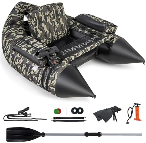 GOPLUS Bâteau Pêche Gonflable, Float Tube Portable avec Bretelles Réglables, Pompe Manuelle, Pagaie, Palmes, Support de Canne à Pêche, Règle à Poissons, Rangement,Charge 150 KG,150 x 110 x 48CM