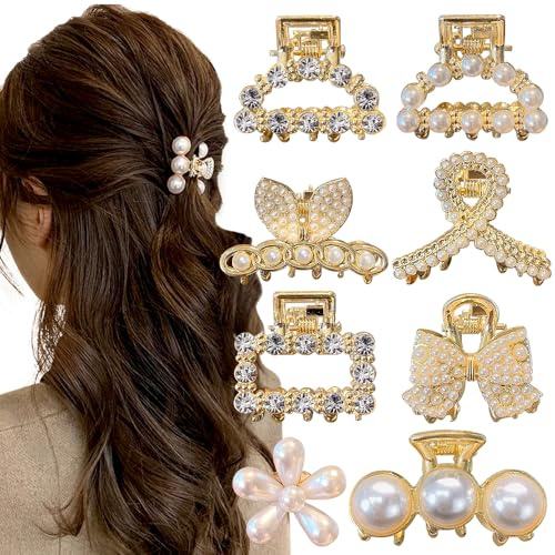 8 pinzas pequeñas para el pelo para mujer, pasadores de perlas dulces, varios estilos, pinzas de pelo de perlas, antideslizantes, mini pinzas doradas, accesorios decorativos para el cabello para