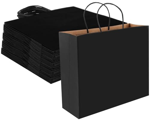 MIVIDE 30 Stück Papiertüten Schwarz, 32 x 27 x 11 cm Papiertüten Groß mit Henkel, Geschenktüten aus Kraftpapier für Geburtstagsfeier, Weihnachten, Geschenkverpackung, Einkaufstüten