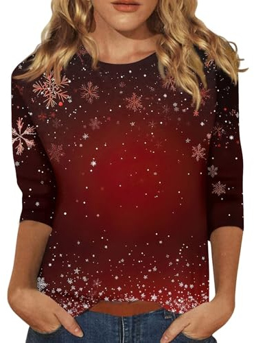 HSUAYEUD Christmas Jumpers for Women 3/4 Sleeve Top UK Snowflake Print Womens T-Shirts Casual Tunic Top