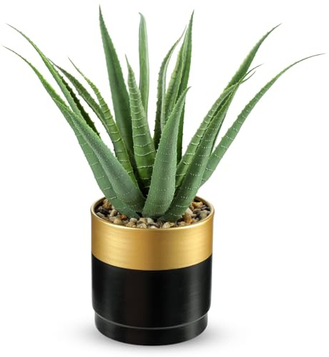 Oairse Artificial Aloe Plant in Black and Gold Metal Pot 31cm Faux Potted Plant Artificial Plants Indoor Fake Greenery for Home Office Decor Bathroom Modern Table Decoration