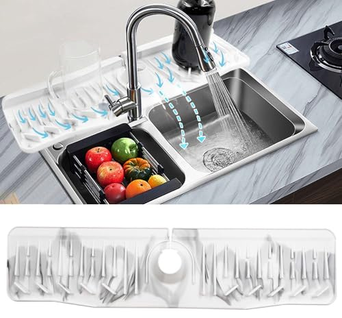Daily Treasures Tappetino paraspruzzi per lavello da cucina con design marmorizzato, 60 x 15 cm, tappetino in silicone per rubinetto con pendenza di 10°, tappetino pieghevole per lavello, accessorio