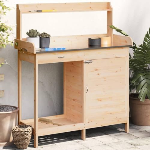 Homgoday Table pour pots de fleurs avec armoire en bois de sapin 110,5 x 45 x 124,5 cm, table de jardinage, table de plantation, table de culture, table de travail pour jardin type 1