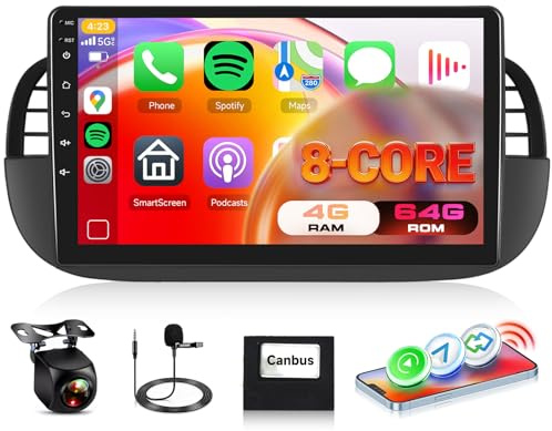 8 Core 4G+64G Car Stereo Radio for Fiat 500 2007-2015 5GWiFi DSP | Hodozzy 9 1280P IPS Touchscreen Fiat 500 Radio with Wireless Carplay Android Auto GPS BT 5.0 FM/RDS SWC Reverse Camera