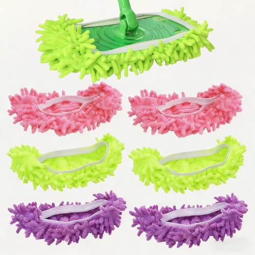 Esshogo 6Stück 25 cm lang Putzschuhe Mop Schuhe, Waschbare Hausschuhe Bezüge, Haushaltsarbeiten Mopp Schuhe, Bodenwischer Ersatzbezug Mikrofaser Kompatibel, Wiederverwendbar Wischmopp-Hausschuhe