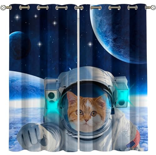 Kinder Gardinen Kinderzimmer Junge Mädchen Blickdicht Blauer Planet Astronaut Tier Katze 200X214Cm 2Er Set Verdunkelungsvorhang Thermovorhang Hitzeschutz Vorhänge Wohnzimmer Schlafzimmer Vorhänge M