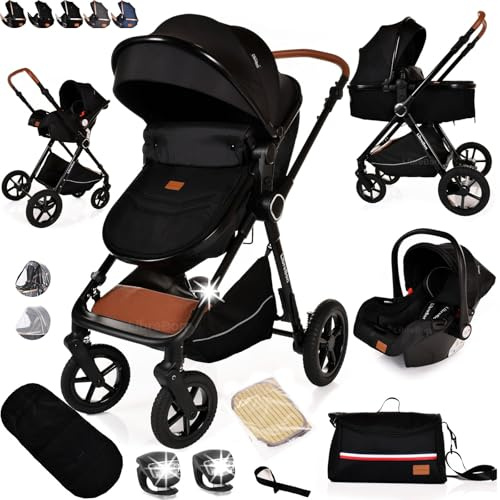 Baby Buggy Pram Pushchair Stroller 3 in 1 Child Lightweight Folding Stroller 3 in 1 Travel System Pram for Newborns & Toddlers from Birth (Black Black)