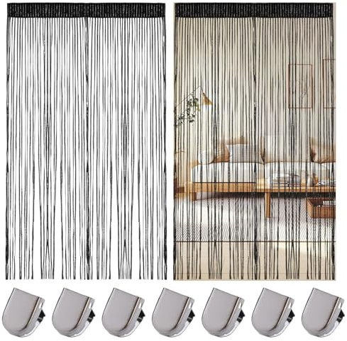 Fly Screen, 2 Piece String Curtains, 100 * 200cm Bead String Curtains Crystal Beads Curtain Tassel Doorways Home Decor Tassel Glitter Fringe Panel for Room Dividers(Black)