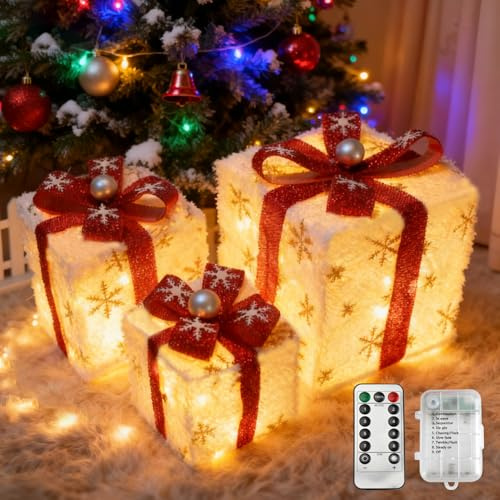 LED Geschenkboxen Weihnachten Set, 3-teilig mit 50 Warm LED, Wasserdichtes, Ferngesteuert, weihnachtsdeko 2025, für Weihnachtsbeleuchtung Außen, Innen, Garten, Balkon, Winterdeko, Dekorationen Draußen