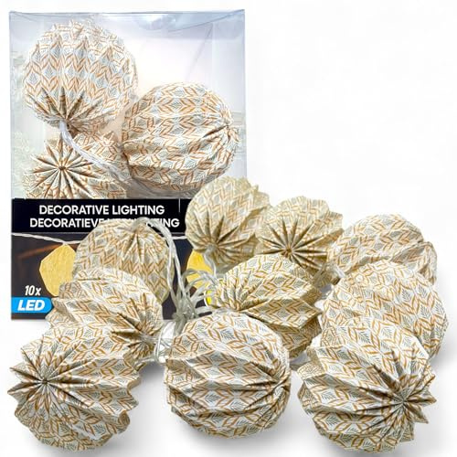 MIJOMA LED Lichterkette Boho-Papierlampions, 10 warmweiße LEDs, Timer 6h/18h, batteriebetrieben, Origami-Schirme, Deko für Wohnzimmer, Fenster & Party (Kugel – Boho-Beige Leaf)