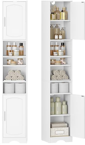 HEXCELEN Badezimmerschrank, Badschrank Schmal Hoch, Hochschrank Badezimmer, Badschrank mit Offenen Fach und Tür, Verstellbaren Ablagen, Platzsparender Badregal, Badmöbel, Modern, 30 × 30 ×180 cm, Weiß