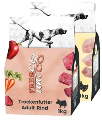 FRESCO Dog Unico PROBIERPAKET 2 x 1kg | Hundefutter trocken Huhn, Rind | 66% Fleischanteil & Gemüse | Mono-Protein & hohe Verträglichkeit | Sorgsam luftgetrocknet | Trockenfutter für Hunde sensitiv