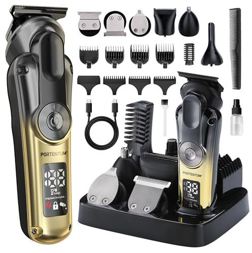 PORTENTUM Hårklippningsmaskin professionell – set med 21 – LED – skäggtrimmer män – trimmer för ansikte och kropp – skäggtrimmer – 6 tillbehör – 7 kamfästen – USB-C – kompakt förvaringsstation