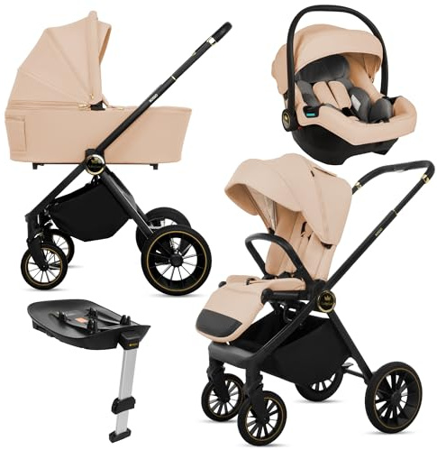 BabyLux® Passeggino 4in1 ROSSO, Set Pieghevole di Passeggino Leggero Combinati con Navicella, Passeggino da Viaggio, Seggiolino Auto i-Size, Base Auto, 4 posizioni reclinabili, 0-22 kg, protezione UV