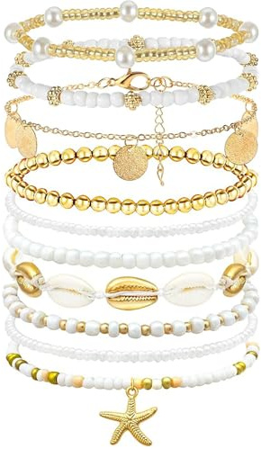 JSTHHTT Bracelets de Cheville en Perles pour Femmes, Bracelet Cheville Femme, Chevillières Bohème Dorées, Bracelets pour Femme, Chaine De Cheville, Élastique, Réglable, pour Bijoux Femmes et Filles