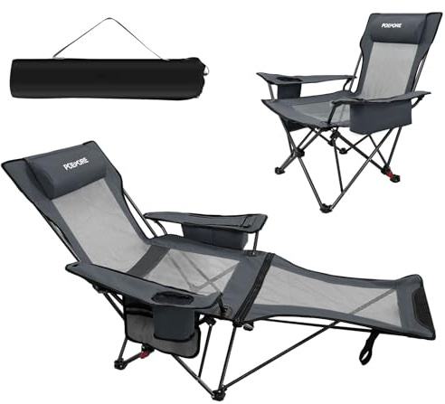 POEPORE Reclining Camping Chair 4 Position with Foot Rest Comfortable for Adults 265Ibs Folding Lounger Mesh Beach Chair with Cooler Bag and Cup Holder for Outdoor Patio