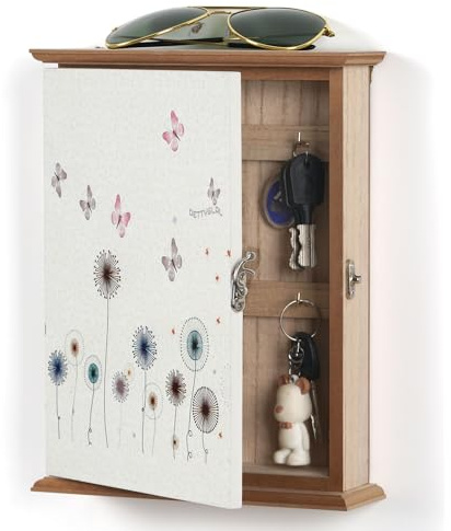 Schlüsselkasten Holz Schlüsselbox mit Löwenzahn und Schmetterling Muster | Schlüsselschrank 6 Schlüsselhaken Schlüsselablage Wandorganizer für Eingang,Flur,Büro Schlüsselhalter L weiß
