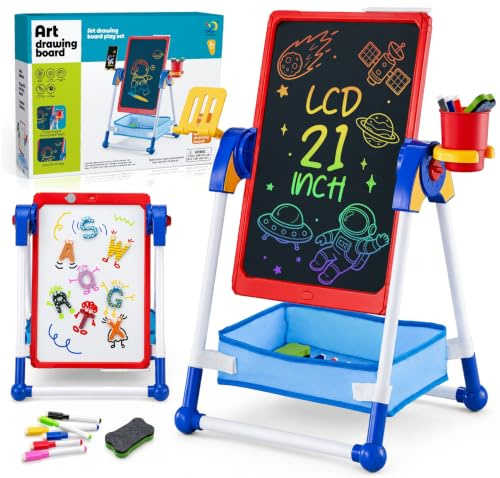 Art Easel for Kids Toys, 21 Inch LCD Drawing Board & Writing Whiteboard | Detachable & 360°Rotating Double Sided Drawing Board, Magnetic Letter, Learning Educational Toys Gift for Girl 3-12