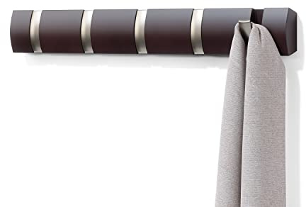 Umbra Flip Wall-Mounted Coat Rack with 5 Hooks – Modern, Space-Saving Storage for Hats, Jackets, Bags, Entryway, Mudroom, Closet, Bathroom, Bedroom – Espresso/Nickel