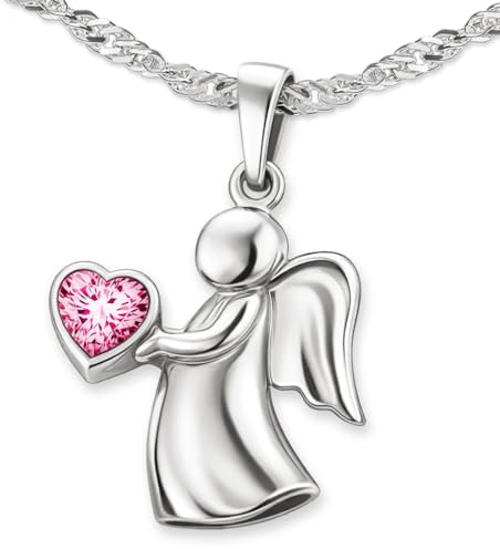 CLEVER SCHMUCK Schutzengel Kette Silber Engel für Mädchen 22 mm mit rosa Zirkonia Herz & Singapurkette 40 cm STERLING 925 im Etui rosa