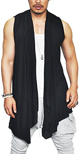 COOFANDY Mens Ruffle Shawl Collar Open Front Lightweight Long Length Drape Cape Overcoat Sweater with Pockets Black Medium