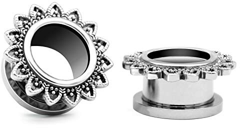 FECTAS 1 Paar Flesh Tunnel Edelstahl Silber Ohr Plugs Expander Gauges mit Blumen Piercing Schmuck 6-16mm
