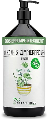 Green Home Love Nature Balkon- & Zimmerpflanzen Dünger 1 Liter Flüssigdünger mit Dosierpumpe NPK 7+3+5 Grünpflanzendünger für Balkon Terrasse Monstera Palmendünger mit Spurennährstoffen