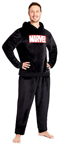 Marvel Schlafanzug Herren Lang, Fleece Hausanzug Herren Pyjama mit Hoodie Herren Oberteil
