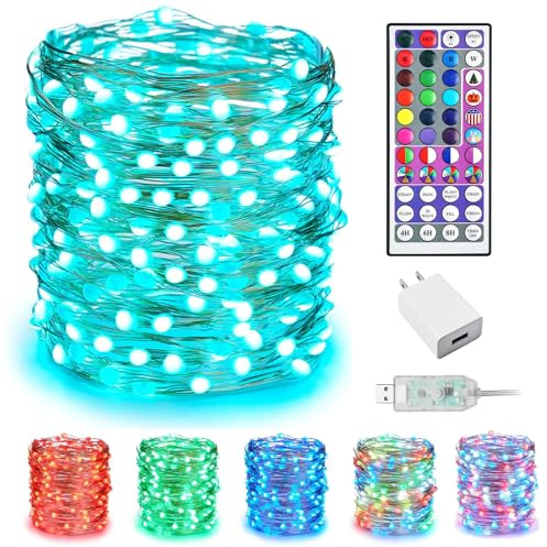 Minetom Upgraded Color Changing Fairy String Lights - 33 ft 100 LED 24 Colors USB Silver Wire Lights with Remote and Timer for DIY Bedroom Party Indoor Christmas Decoration, Adapter Included
