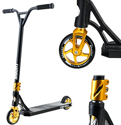 Mach1 Trottinette Stunt - Rotation à 360° - Roues de 120 mm avec noyau en aluminium et roulements ABEC 9 - Trottinette amusante pour enfants à partir de 6 ans - Noir/doré avec roues noires.