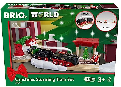 BRIO World Batterie-Dampflok Weihnachts-Set - Spielzeug ab 3 Jahre | 26 Teile, Aus dem Schornstein der Lokomotive strömt kalter Wasserdampf, Holzeisenbahn-Set, Geschenk zu Weihnachten