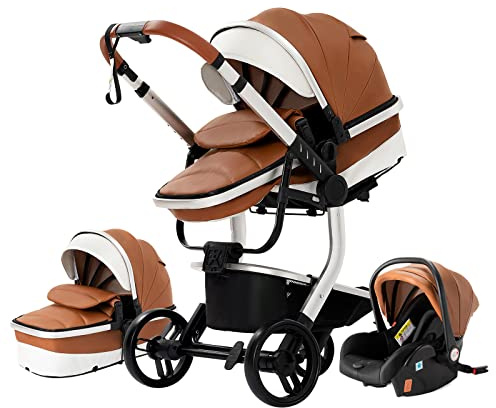 3 in 1 Kombikinderwagen 3 in 1 Tragbarer Reisekinderwagen Faltbarer Kinderwagen Aluminiumrahmen Hohe Landschaft Auto für Neugeborene Babyboomer Poussette (518 Khaki)