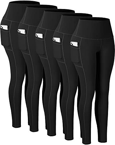 CHRLEISURE Leggings with Pockets for Women, High Waisted Tummy Control Workout Yoga Pants(5 Packs Black, M)