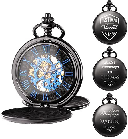 TREEWETO Herren Taschenuhr Personalisiert Gravur Taschenuhr mit Kette Klassische Jahrgang Mechanische Geschenke Geschenk zum Hochzeit Trauzeugen Bräutigam Bester Mann