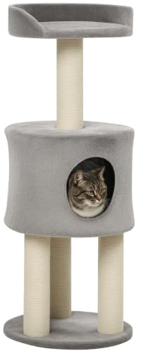 PawHut Arbre à Chat griffoirs grattoirs sisal Naturel Arbre à Grimper Hauteur 103 cm Niche Plate-Forme en Peluche Gris