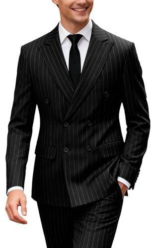 Men's Suits 2 Piece Pinstripe Double Breasted Tuxedo Set, Black, L