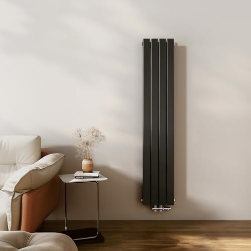 EMKE Design Heizkörper Schmal Hoch 1600x304 mm Vertikal Flachheizkörper mit Mittelanschluss, Doppellagig Paneelheizkörper Wandheizkörper für Bad, Schlafzimmer & Wohnzimmer, Schwarz 966W