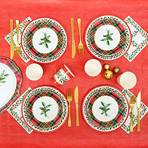 Vaisselle de Noël jetable avec motif houx (Kit 12 personnes)