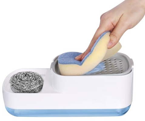 Minicoco Dish Soap Dispenser 3 in 1 Soap Pump Dispenser and Sponge Holder Replenishable Detergent Kitchen Soap Dispenser Washing Up Liquid Dispenser for Kitchen Countertop,White