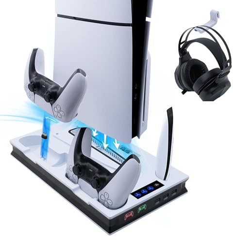 Wigearss PS5/PS5 Slim/PS5 Pro Kühler Standfuß mit Dual Controller Ladegerät, PS5 Controller Ladestation Standfuß mit Lüfter für PS5/PS5 Slim/PS5 PRO UHD/Digital Edition
