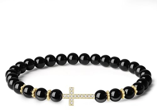 COAI Damen Armband mit Natursteinperlen und Kreuz Anhänger, Kreuz Armband Damen