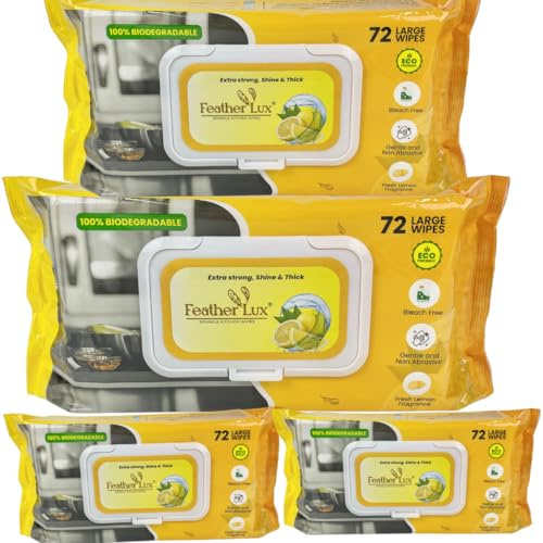 Feather Lux Premium Kitchen Wipes, Extra Strong & Thick, 04 Pack | Heavy Duty Multi surface s with Lemon Scent,Extra Strong Household Wipes Remove Grease Grime by Feather Lux Premium Formula