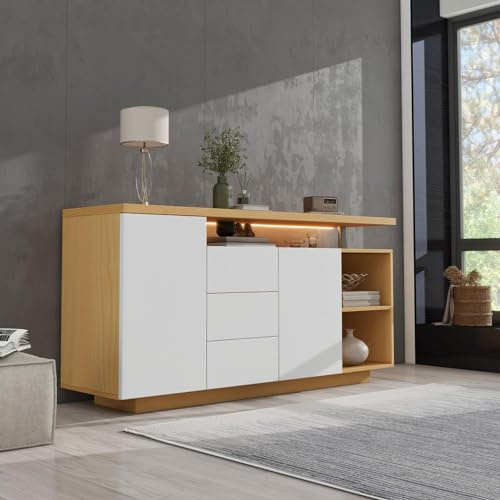 PUGSDRLY Buffet Polyvalent, Meuble de Rangement Moderne 140 cm, Buffet en Bois avec 2 Portes, 3 tiroirs, 2 Compartiments Ouverts,TV Table avec éclairage LED 140x40x70 cm