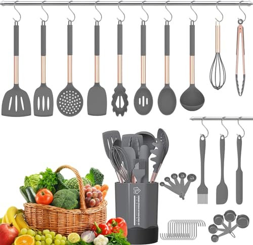 D L D 24-teiliges Silikon-Kochutensilien-Set für antihaftbeschichtetes hitzebeständiges Kochgeschirr – Bestes Küchenspatel-Set mit Kupfer-Edelstahlgriffen – Grau